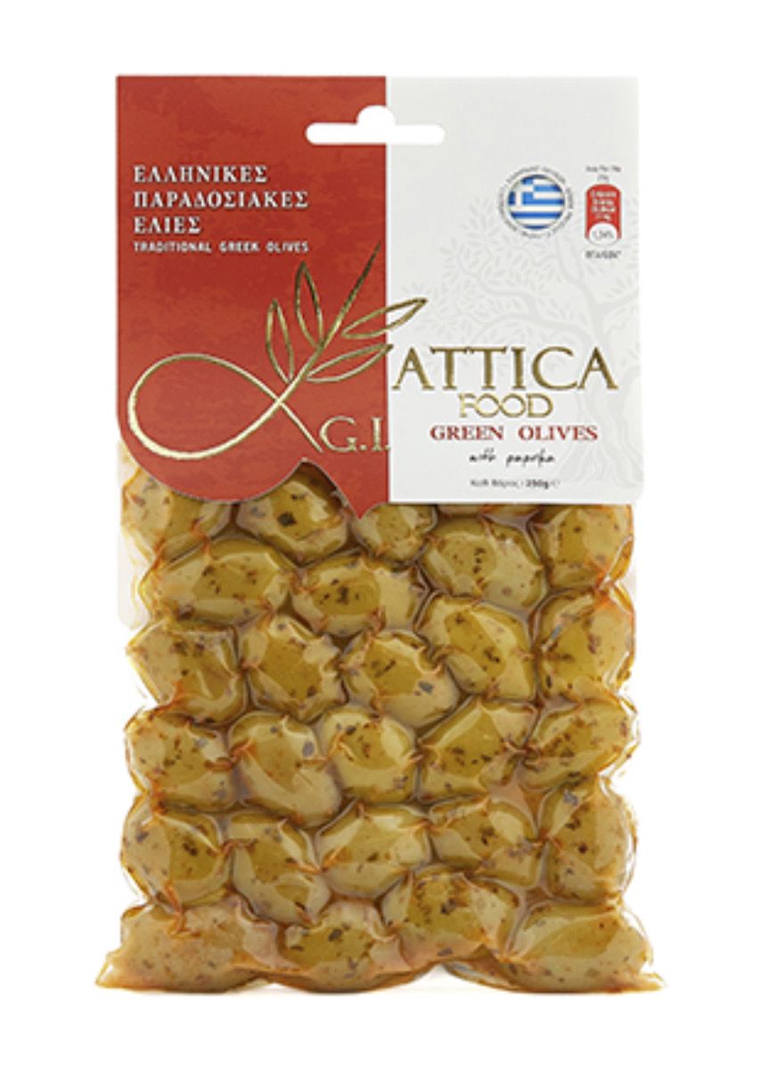 Зеленые оливки Hakidiki, с паприкой “Attica Food”, 250г