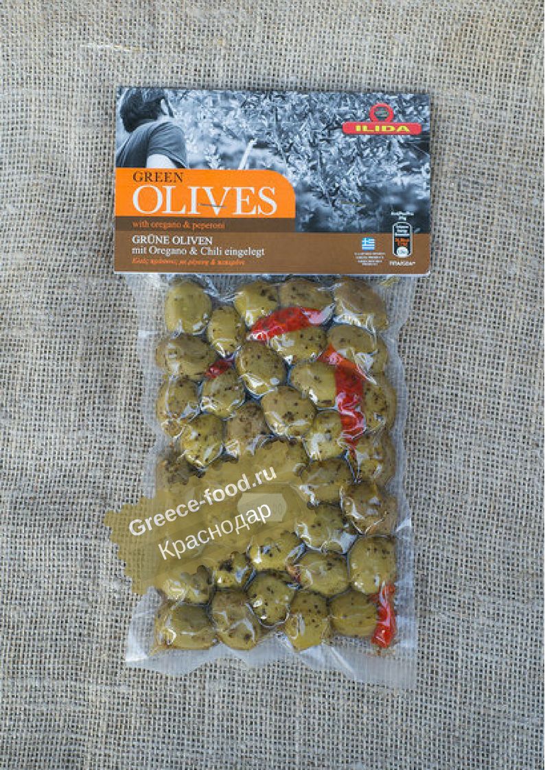 Зеленые оливки с орегано и чили “Ilida”, 250г