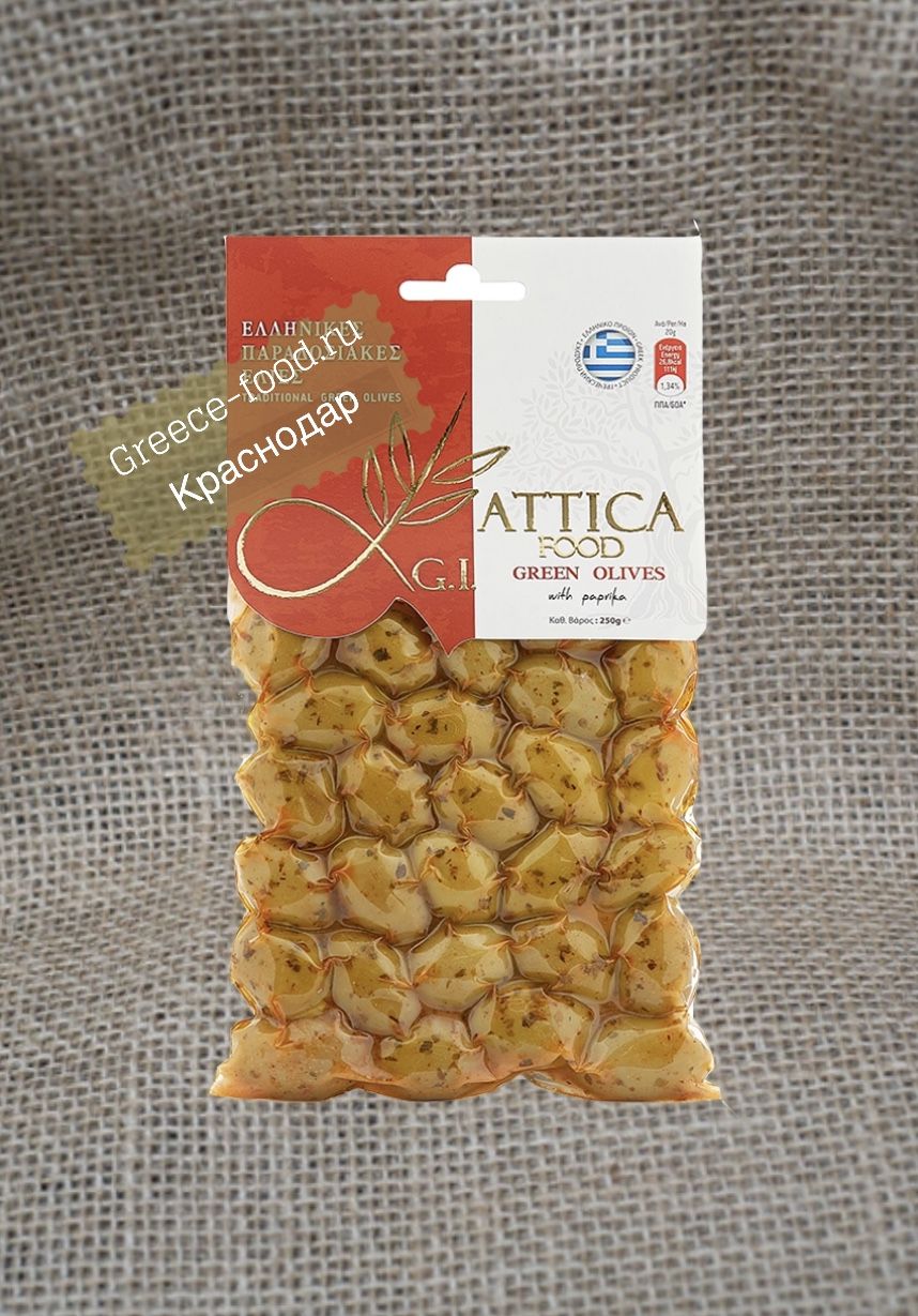 Зеленые оливки Hakidiki, с паприкой “Attica Food”, 250г*20 шт